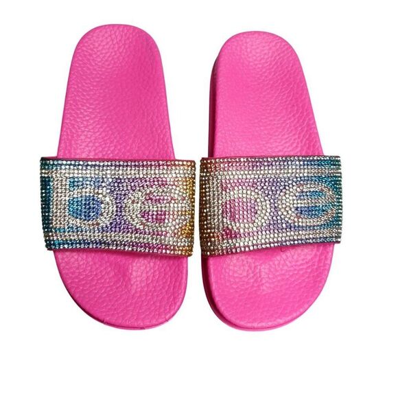 Bebe Toddler Girls Slides 11/12 Hot Pink Bling Rhinestone Logo Slides Sandals XL - Picture 1 of 6
